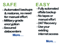 Safe and Easy - Automated backups and restores, secure, offsite, automated